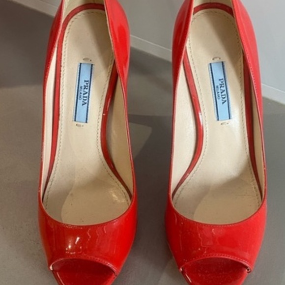Prada Red Patent Peep-Toe Pumps - Picture 7 of 9
